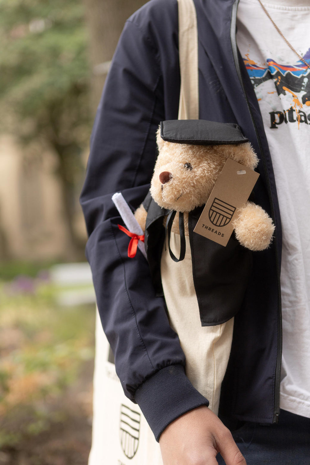 A teddy bear dressed in a graduation gown and cap peeks from a tote bag held by a person in a navy jacket. The bear holds a diploma with a red ribbon.